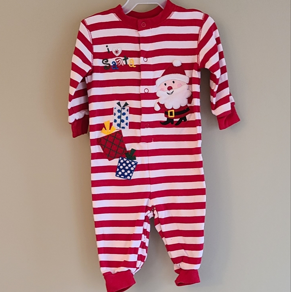 Red and white striped Christmas themed snug fitting footless sleeper/romper